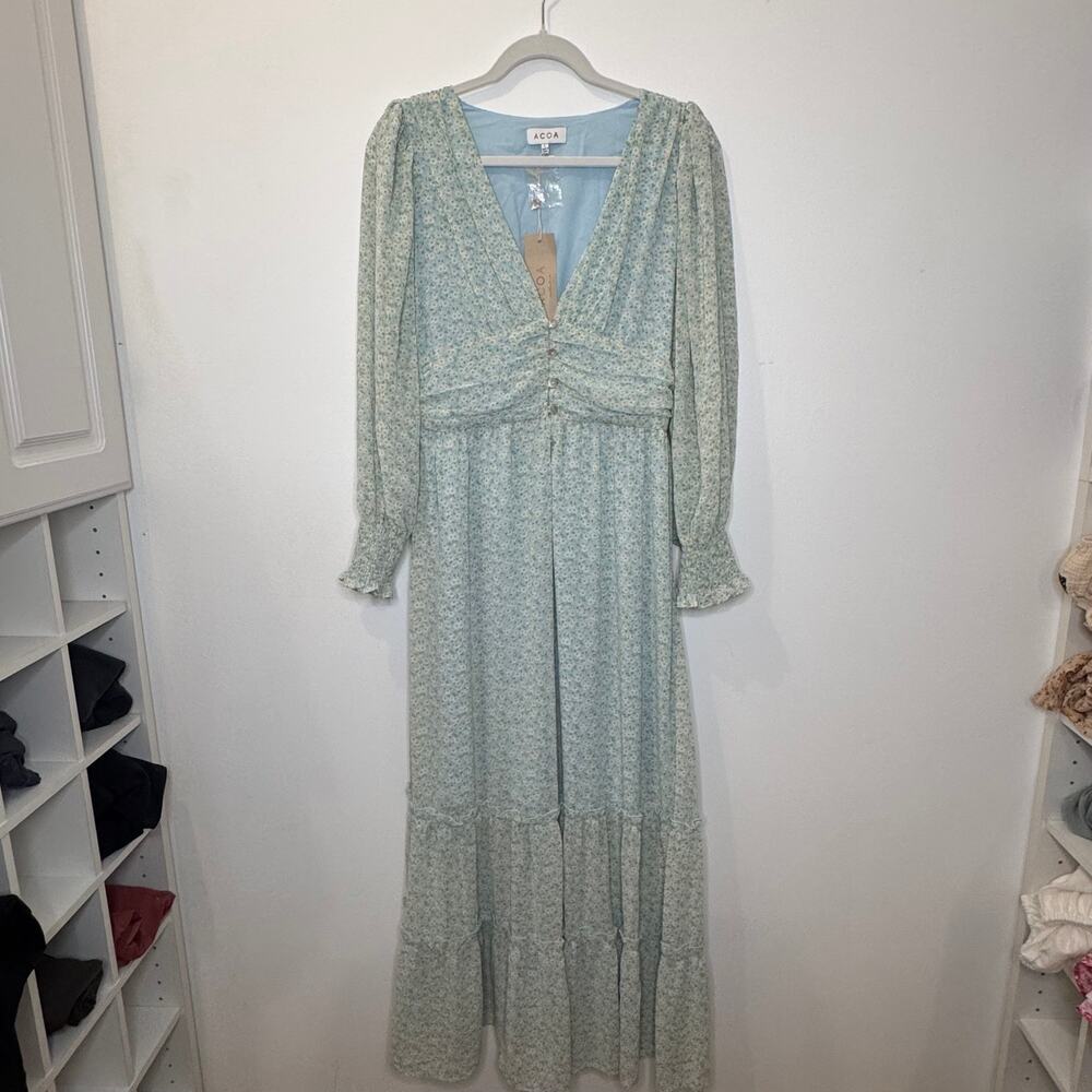 ACOA Maxi Light Blue Floral Puff Long Sleeve Dress  NWT